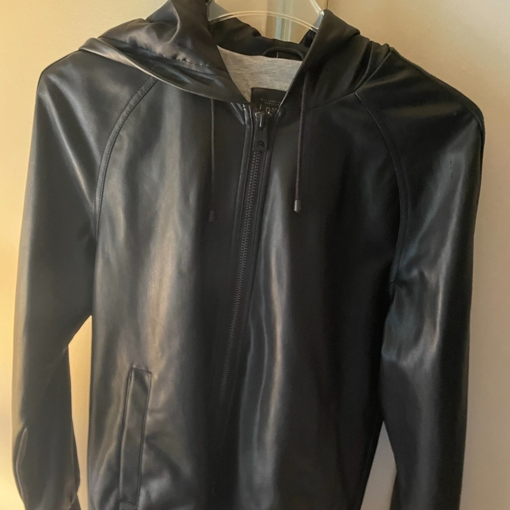 Guess Vegan Leather Black Zip-Up Hoodie Jacket